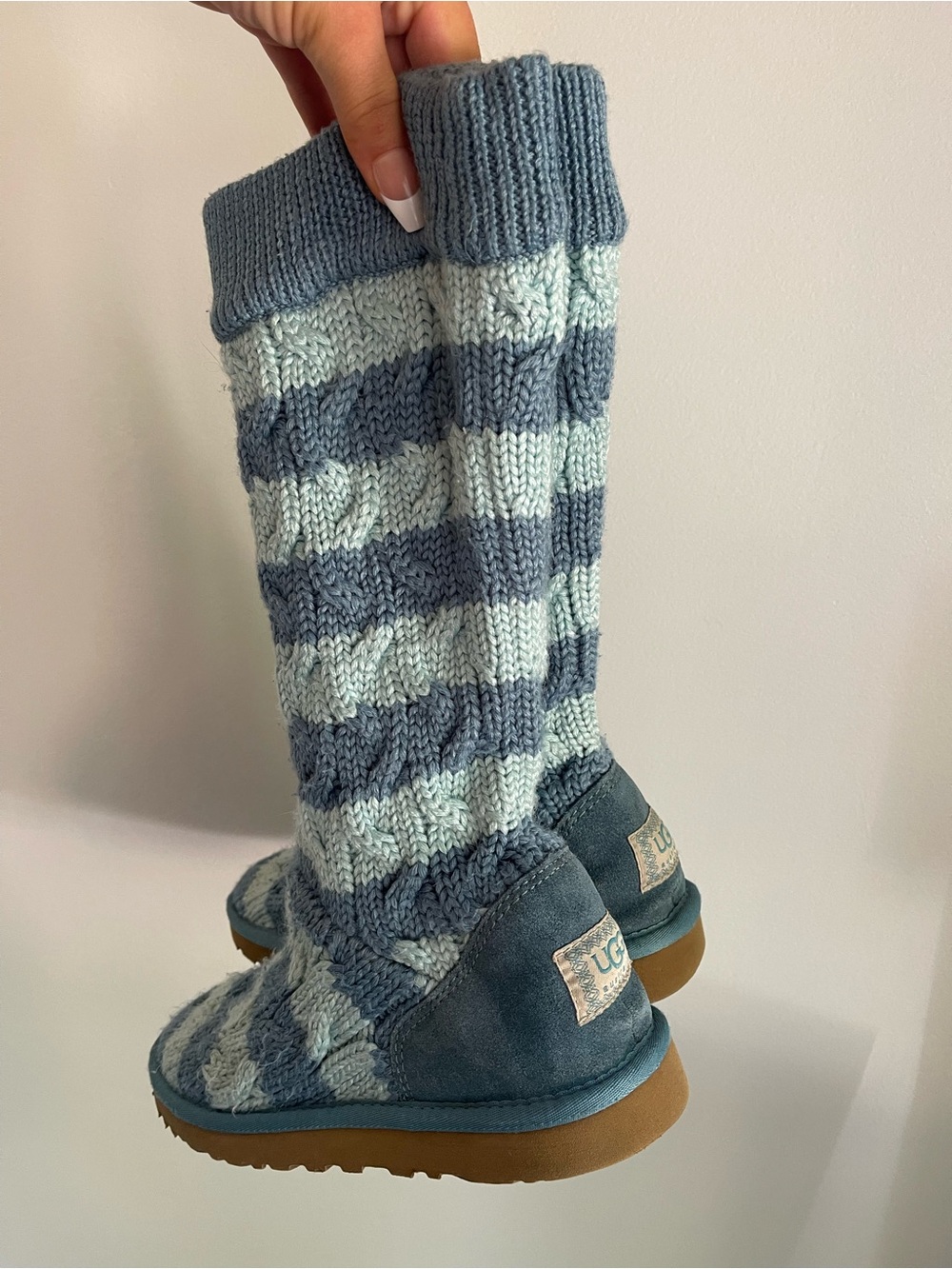 UGG Australia Classic Cable Knit Striped Boots Blue Suede Tall 5822 Women Size 8